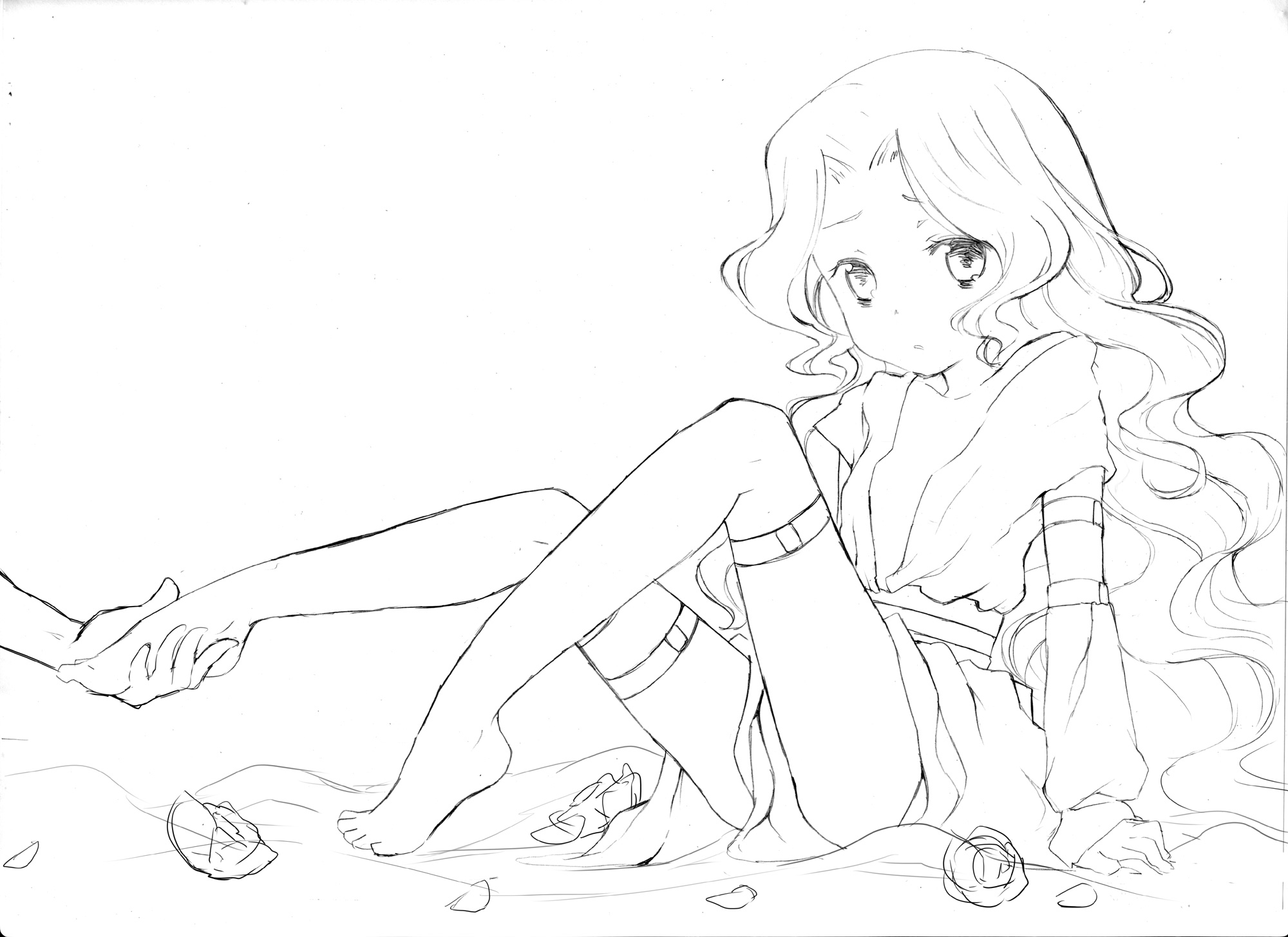 ecocube, eka eri, nunnally vi britannia, code geass, bad id, bad pixiv id, highres, 00s, 1girl, barefoot, detached sleeves, feet, flat chest, flower, greyscale, holding another's foot, monochrome, open clothes, open shirt, petals, shirt, sketch, solo focus, thigh strap