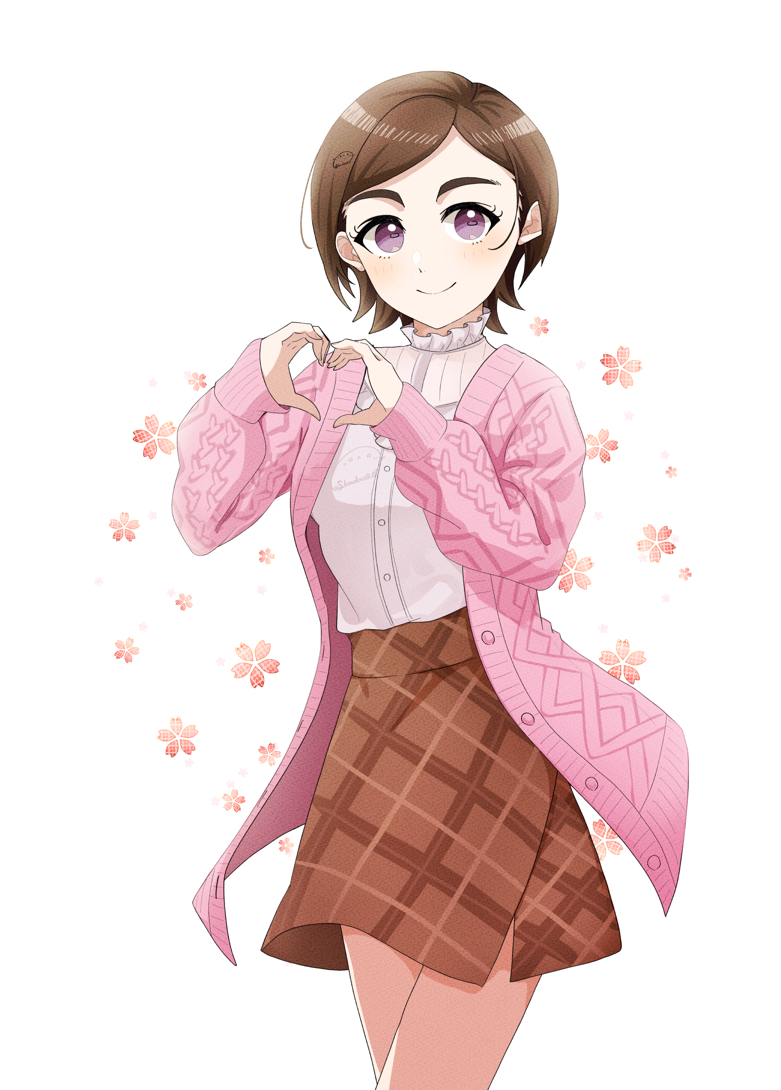 sonakao, matsuo chizuru, idolmaster, idolmaster cinderella girls, highres, 1girl, argyle clothes, argyle skirt, black hair, brown hair, brown skirt, coat, hair ornament, heart, heart hands, looking at viewer, open clothes, open coat, pink coat, purple eyes, shirt, short hair, skirt, smile, solo, standing, white background, white shirt