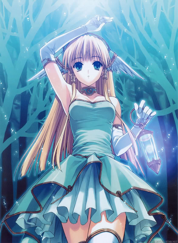 blonde hair, blue eyes, choker, dress, elbow gloves, gloves, hand over head, lantern, long hair, night, thighhighs