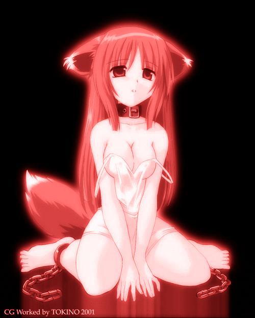 animal ears, ankle chain, barefoot, breasts, collar, feet, fox ears, fox tail, long hair, red eyes, red hair, sitting, tail