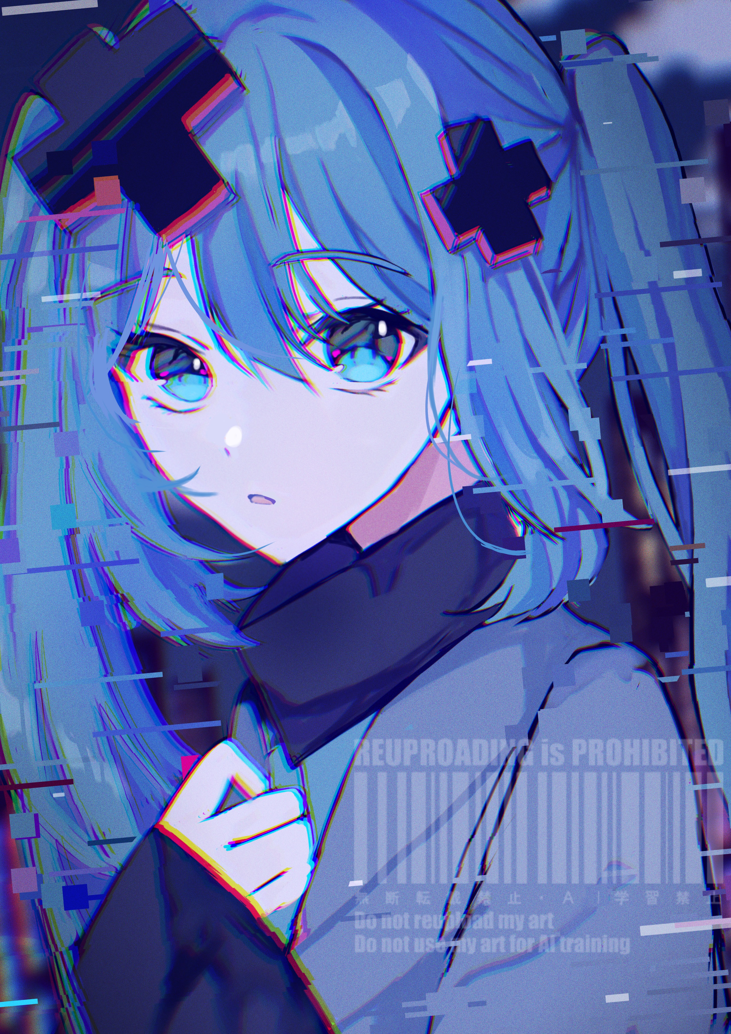 flan chan, batsu miku, hatsune miku, kowareta sekai to utaenai miku, project sekai, vocaloid, absurdres, commentary, highres, 1girl, aqua eyes, aqua hair, glitch, grey jacket, hair between eyes, hair ornament, jacket, long sleeves, open mouth, sleeves past wrists, solo, turtleneck, turtleneck jacket, upper body, watermark, x hair ornament