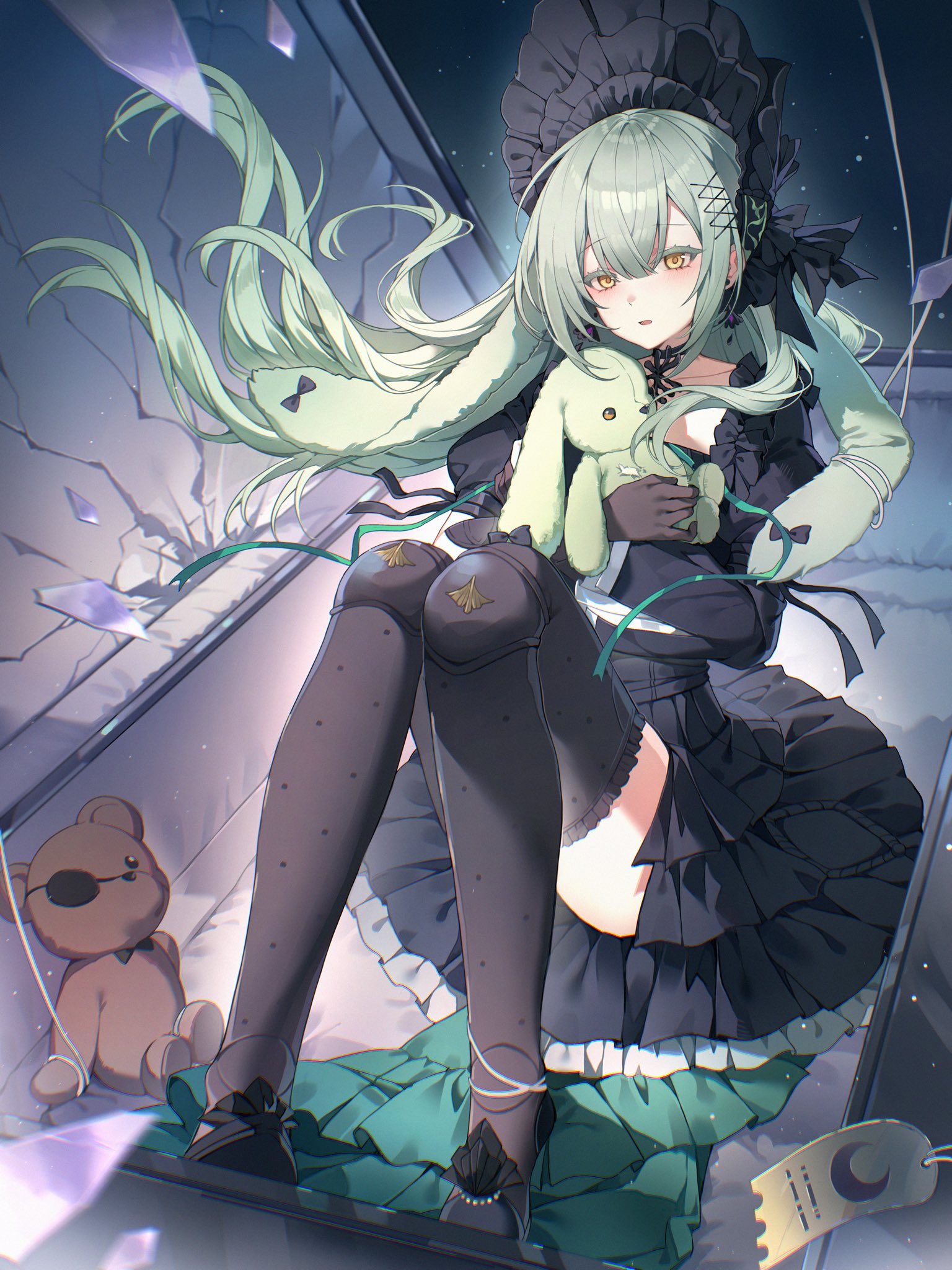 uchihasakino, wakaba mutsumi, wakaba mutsumi (marionette's id), arknights, bang dream!, bang dream! it's mygo!!!!!, commentary, highres, 1girl, animal ears, black bonnet, black dress, black gloves, black thighhighs, bonnet, broken glass, doll joints, dress, floating hair, glass, gloves, green hair, hair between eyes, joints, long hair, open mouth, rabbit ears, rabbit girl, solo, stuffed animal, stuffed rabbit, stuffed toy, thighhighs, yellow eyes