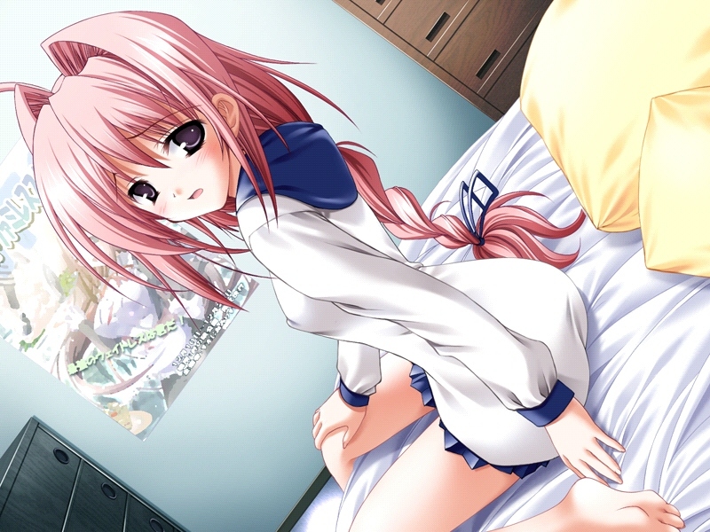 bed, blush, braid, hair ribbon, long hair, pink hair, purple eyes, ribbon, sitting, thighhighs