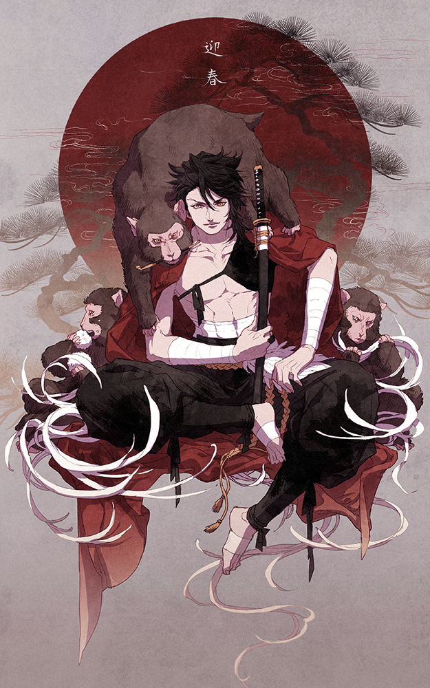 ichino (1no), mutsu-no-kami yoshiyuki, touken ranbu, commentary request, 1boy, abs, bandaged arm, bandages, black hair, black pants, cape, closed mouth, collarbone, full body, grey background, looking at viewer, male focus, monkey, pants, red cape, short hair, sitting, solo, yellow eyes