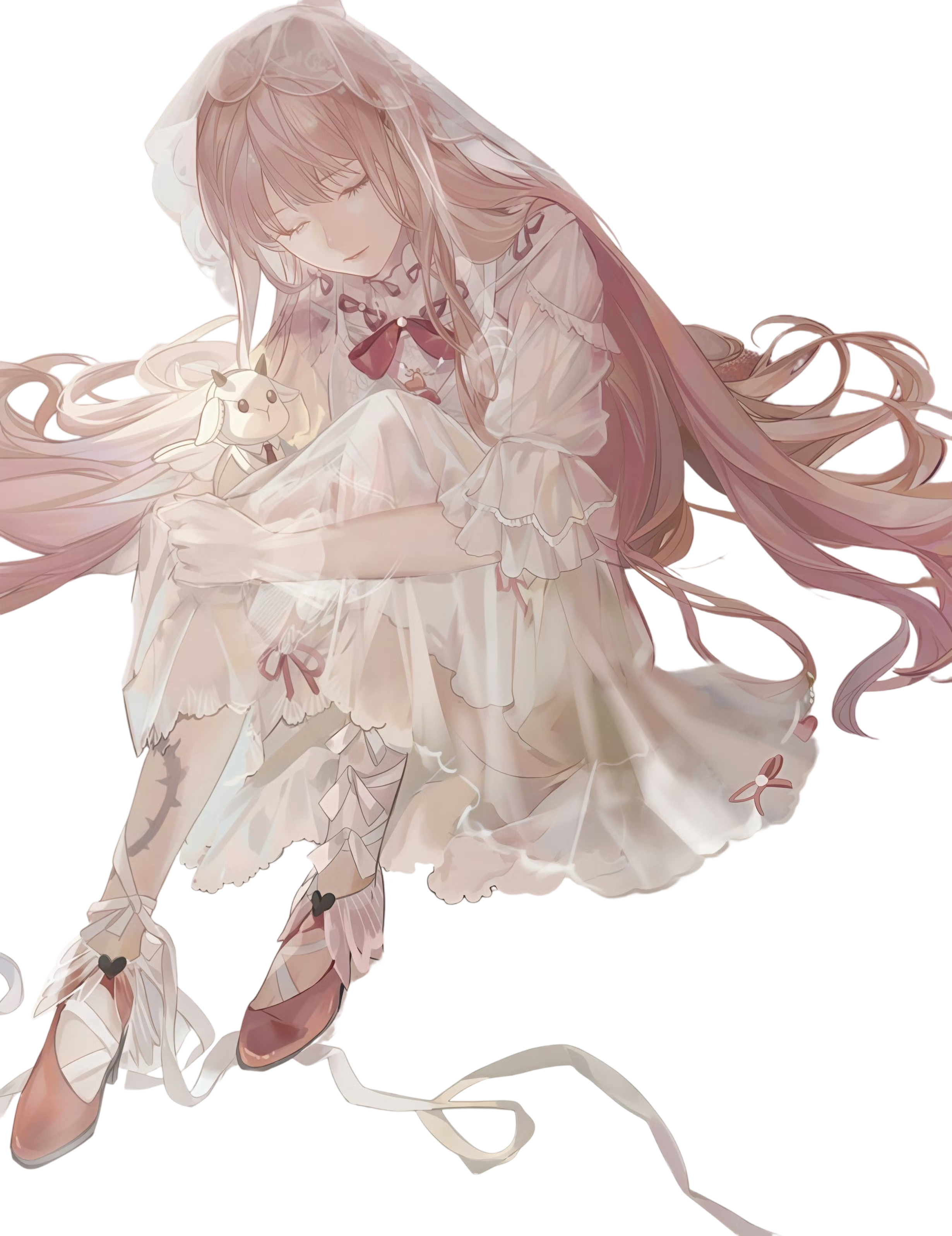 flower and jenny (shining nikki), nikki (nikki), nikki (series), shining nikki, absurdres, artist request, chinese commentary, commentary request, highres, source request, third-party source, 1girl, ankle ribbon, bow, bowtie, closed eyes, closed mouth, dress, dress ribbon, eyelashes, frilled footwear, frilled gloves, frilled sleeves, frills, full body, gloves, hair spread out, hand on own leg, knees up, leg bow, leg ribbon, leg tattoo, long dress, long hair, pink hair, pink shoes, red bow, red bowtie, red ribbon, ribbon, see-through clothes, see-through veil, shoes, short sleeves, sitting, solo, stuffed animal, stuffed sheep, stuffed toy, tattoo, thorns, transparent background, veil, very long hair, white bow, white dress, white gloves, white ribbon, white veil