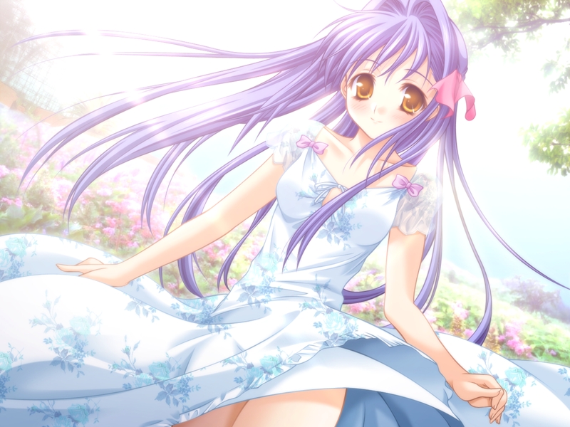 blue hair, blush, dress, garden, gown, long hair, orange eyes, smile, thighhighs