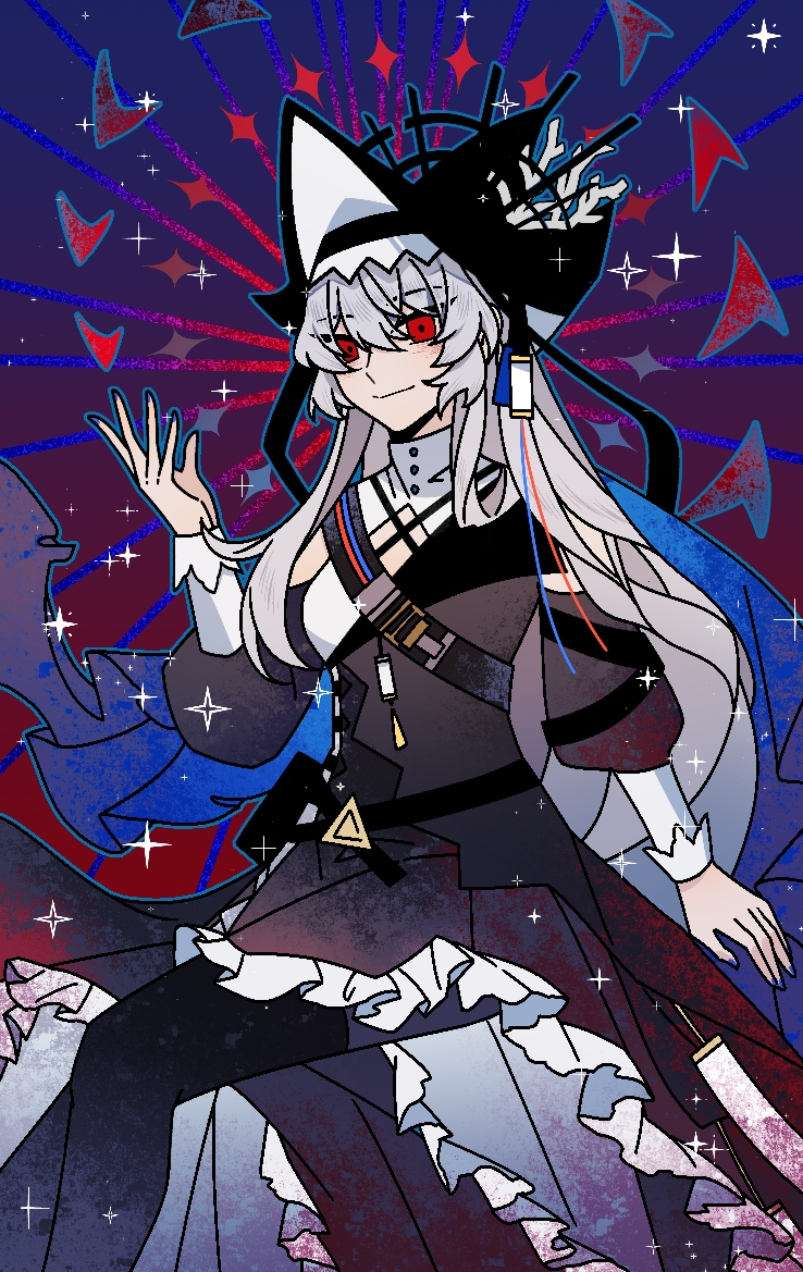 jango (winecrow), specter (arknights), specter the unchained (arknights), arknights, amigasa, black dress, black hat, black pantyhose, clothing cutout, criss-cross straps, cuffs, dress, frills, grey hair, hair between eyes, hat, long hair, looking at viewer, pantyhose, puffy sleeves, red eyes, shoulder cutout, shoulder strap, sparkle, thighhighs, thighhighs over pantyhose, turtleneck, two-sided fabric, two-sided headwear, two-tone dress, very long hair