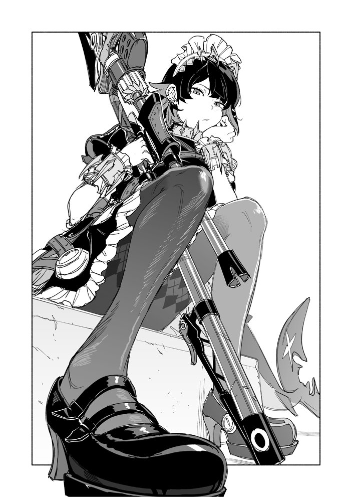 birdhatter, ellen joe, zenless zone zero, 1girl, black shoes, closed mouth, colored inner hair, fins, fish tail, frilled wristband, from below, greyscale, hairband, hand on own chin, holding, holding weapon, looking at viewer, maid headdress, metal hairband, metal wrist cuffs, mole, mole under eye, monochrome, multicolored hair, pantyhose, patterned legwear, razor blade hair ornament, scar, scar on tail, shark girl, shark tail, shoes, sitting, solo, spiked headband, tail, weapon, white background