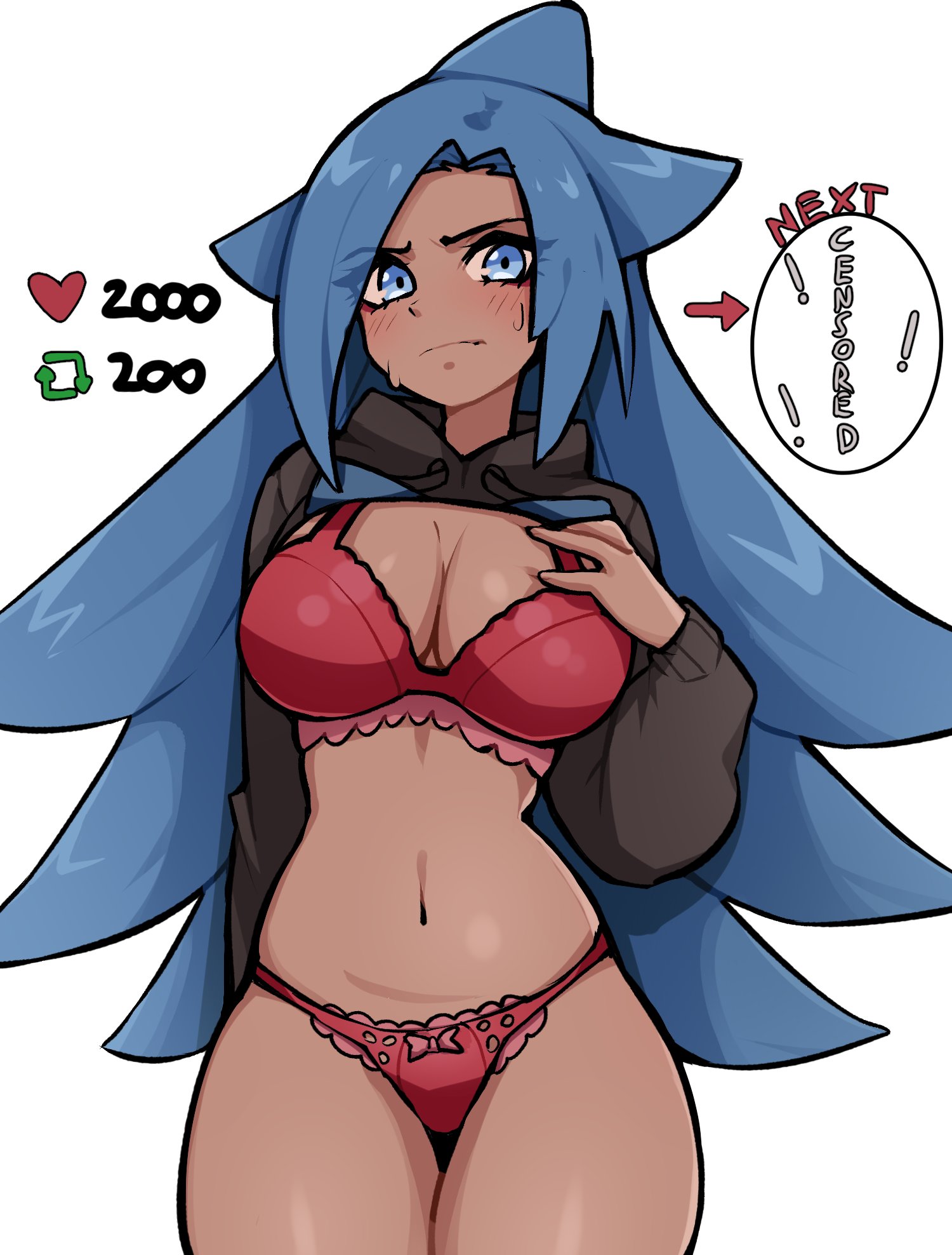oninuer, original, commentary, english commentary, highres, 1girl, arrow (symbol), black shrug, blue eyes, blue hair, bra, breasts, cleavage, closed mouth, cowboy shot, dark-skinned female, dark skin, hood, hood down, hooded shrug, large breasts, long hair, long sleeves, looking at viewer, navel, panties, red bra, red panties, shaaku (oninuer), shrug (clothing), simple background, solo, stomach, sweat, twitter strip game, underwear, white background