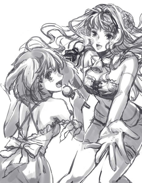 fujikawa akira, ranka lee, sheryl nome, macross, macross frontier, 00s, 2girls, bare shoulders, blush, elbow gloves, from behind, gloves, greyscale, looking at viewer, looking back, microphone, monochrome, multiple girls, music, short hair, simple background, singing, standing, tareme, white background