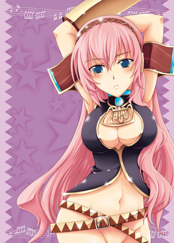 kagato (artist), megurine luka, vocaloid, bad id, bad pixiv id, 1girl, armpits, belt, blue eyes, blush, breasts, cleavage, female focus, groin, long hair, midriff, musical note, navel, no panties, pink hair, solo