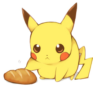 maruki (punchiki), pikachu, nintendo, pokemon, bad id, bad pixiv id, lowres, :<, bread, brown eyes, food, gen 1 pokemon, no humans, pokemon (creature), pokemon focus, poking, simple background, solo, tail, white background