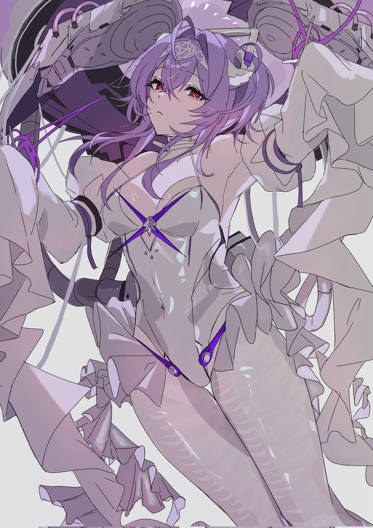 liberalio (nikke), goddess of victory: nikke, highres, 1girl, ahoge, breasts, covered navel, frills, hair intakes, hairband, inopi man, pantyhose, purple hair, red eyes, simple background, small breasts, solo, very long sleeves, white background, white pantyhose