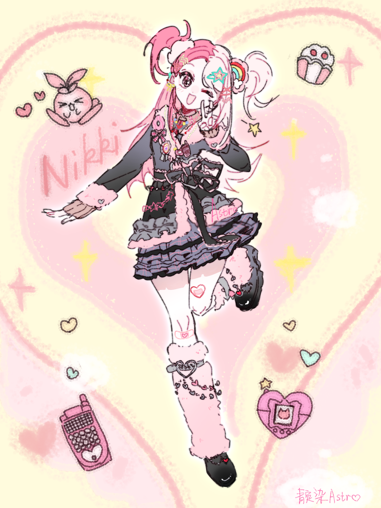 blushbunny (infinity nikki), rosie sweetheart (infinity nikki), infinity nikki, nikki (series), chinese commentary, commentary request, highres, > <, 1girl, animal, artist name, badge, bandaid, bandaid on knee, bandaid on leg, bead necklace, beads, belt, belt buckle, black jacket, black ribbon, black shoes, brown eyes, buckle, cellphone, collared shirt, copyright name, cupcake, eyelashes, flip phone, food, frilled jacket, frilled ribbon, frilled skirt, frills, full body, fur-trimmed jacket, fur trim, grey belt, grey skirt, gyaru, hair ornament, hair scrunchie, hairclip, happy, head tilt, heart, heart-shaped bandaid, heart-shaped buckle, heart background, heart hair ornament, jacket, jewelry, knees, leg belt, leg up, leg warmers, loafers, long hair, long sleeves, miniskirt, multicolored hair, necklace, one eye closed, open mouth, outline, parallel hairclips, phone, pink arm warmers, pink background, pink hair, pink leg warmers, pink scrunchie, pink shirt, plaid clothes, plaid skirt, pleated skirt, rabbit, rainbow hair ornament, ribbon, scrunchie, shirt, shoes, skirt, smile, solo, sparkle, split-color hair, standing, star (symbol), star hair ornament, studded belt, tamagotchi (virtual pet), two-tone background, two side up, v, very long hair, virtual pet (toy), waist ribbon, white outline, x hair ornament, y2k fashion, yellow background, zhenzhunaicha14817