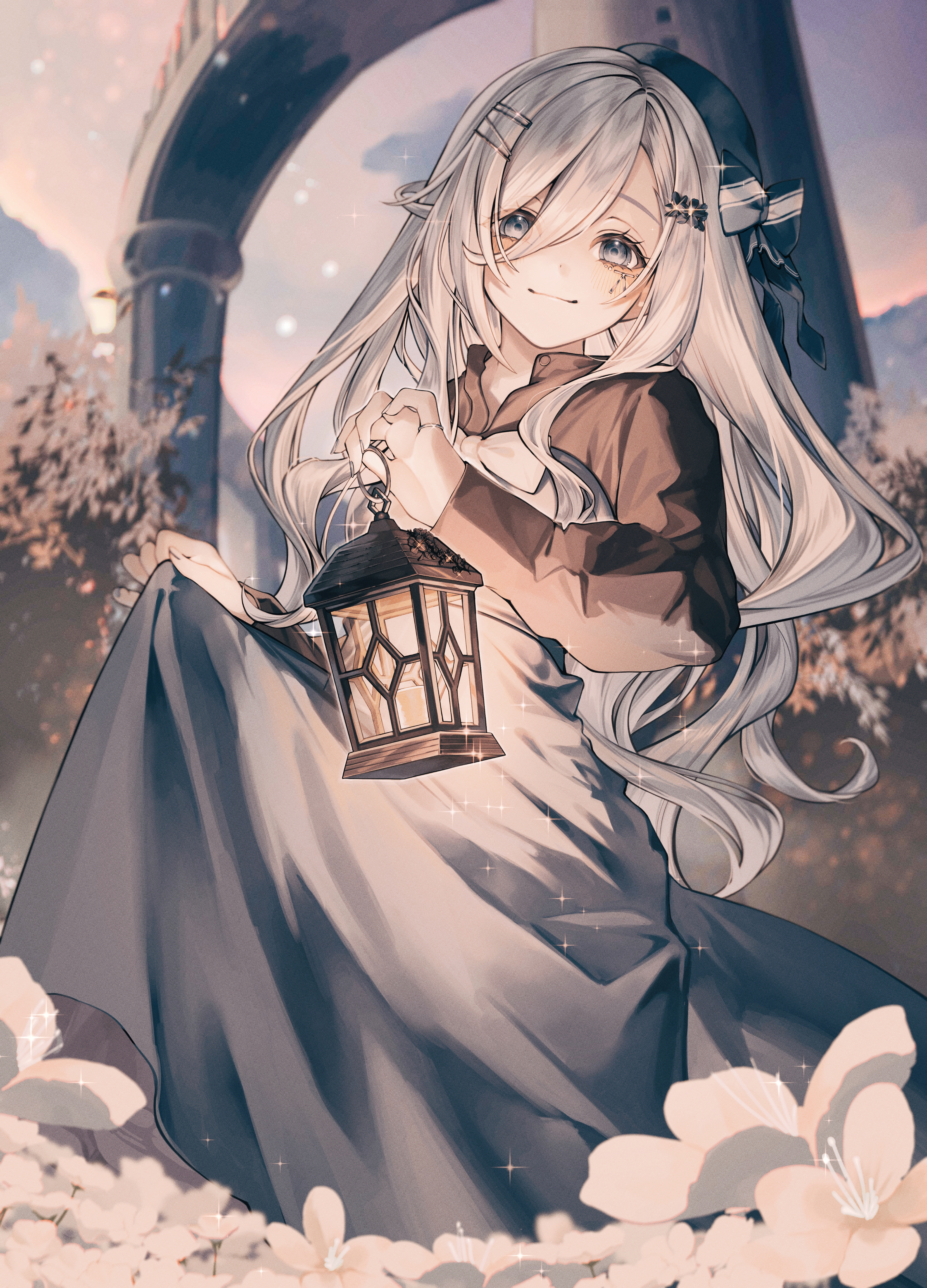 ohuton inu, original, absurdres, commentary request, highres, 1girl, black hat, black shirt, blurry, blurry background, blush, bow, closed mouth, clothes lift, field, fingernails, flower, flower field, grey bow, grey eyes, grey nails, grey skirt, hair between eyes, hair ornament, hairclip, hat, holding, holding lantern, jewelry, lantern, long hair, long skirt, long sleeves, looking at viewer, nail polish, outdoors, parted bangs, ring, shirt, skirt, skirt lift, sleeves past wrists, smile, solo, sparkle, standing, very long hair, wavy hair, white flower