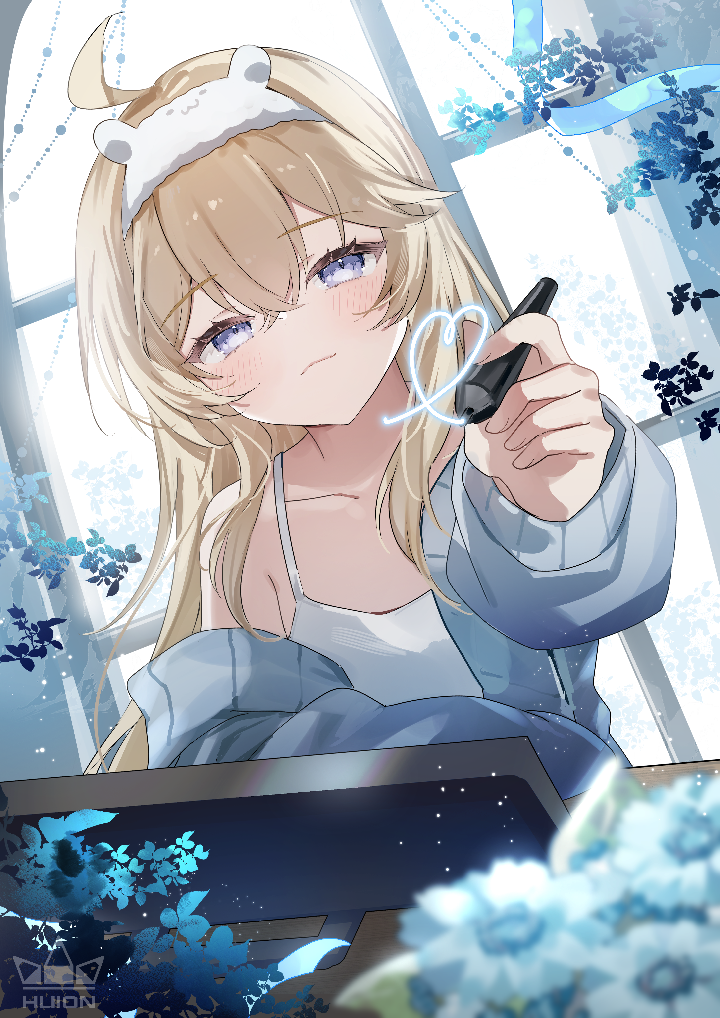 sorani (kaeru0768), huion, original, absurdres, highres, official art, 1girl, ahoge, arm rest, blonde hair, blue cardigan, blue eyes, blue flower, blue ribbon, blush, camisole, cardigan, closed mouth, collarbone, double-parted bangs, drawing tablet, drawn heart, flat chest, flower, foreshortening, fur hairband, hair between eyes, hairband, holding, holding stylus, indoors, light particles, long hair, long sleeves, looking at viewer, open cardigan, open clothes, plant, ribbon, sidelocks, single bare shoulder, single off shoulder, solo, stylus, table, upper body, white camisole, white hairband, window