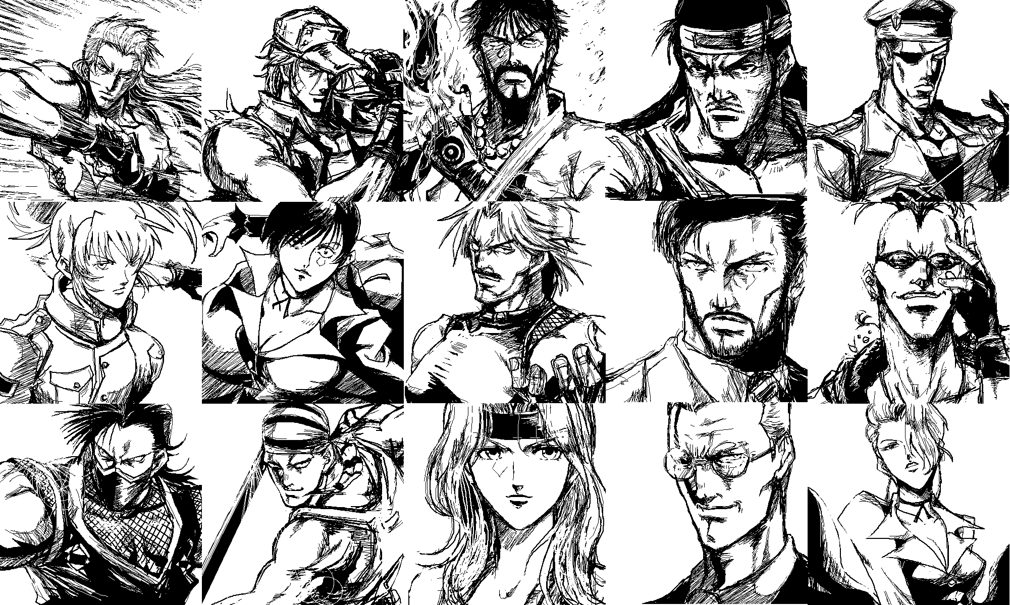 ippongui, patsuki, andy bogard, billy kane, duck king, heidern, karman cole, kisaragi eiji, kusanagi saishu, kusanagi saisyu, lenny creston, leona heidern, mature (kof), oswald, oswald (kof), rugal bernstein, terry bogard, todo ryuhaku, vice (kof), fatal fury, ryuuko no ken, snk, the king of fighters, highres, 4girls, 6+boys, closed mouth, formal clothes, glasses, greyscale, long hair, looking at viewer, monochrome, multiple boys, multiple girls, ryuhaku todoh, simple background, smirk, suit, white background