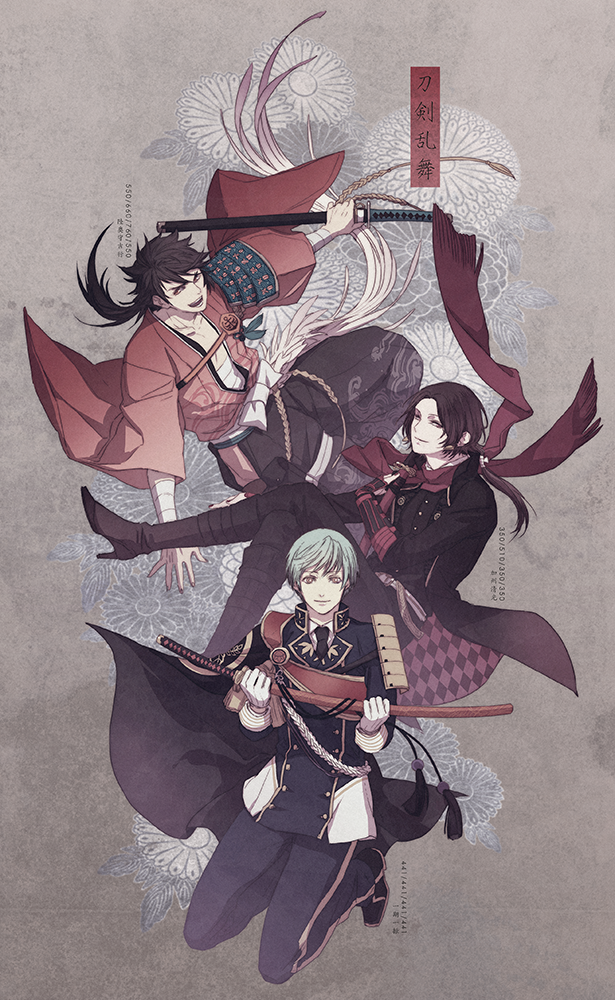 ichino (1no), ichigo hitofuri, kashuu kiyomitsu, mutsu-no-kami yoshiyuki, touken ranbu, commentary request, 3boys, :d, black hair, black jacket, black pants, blue hair, boots, brown boots, closed mouth, full body, grey background, high heel boots, high heels, holding, holding sword, holding weapon, jacket, japanese clothes, kimono, long hair, long sleeves, male focus, multiple boys, open mouth, pants, red eyes, red kimono, red scarf, scarf, short hair, smile, sword, weapon, wide sleeves, yellow eyes
