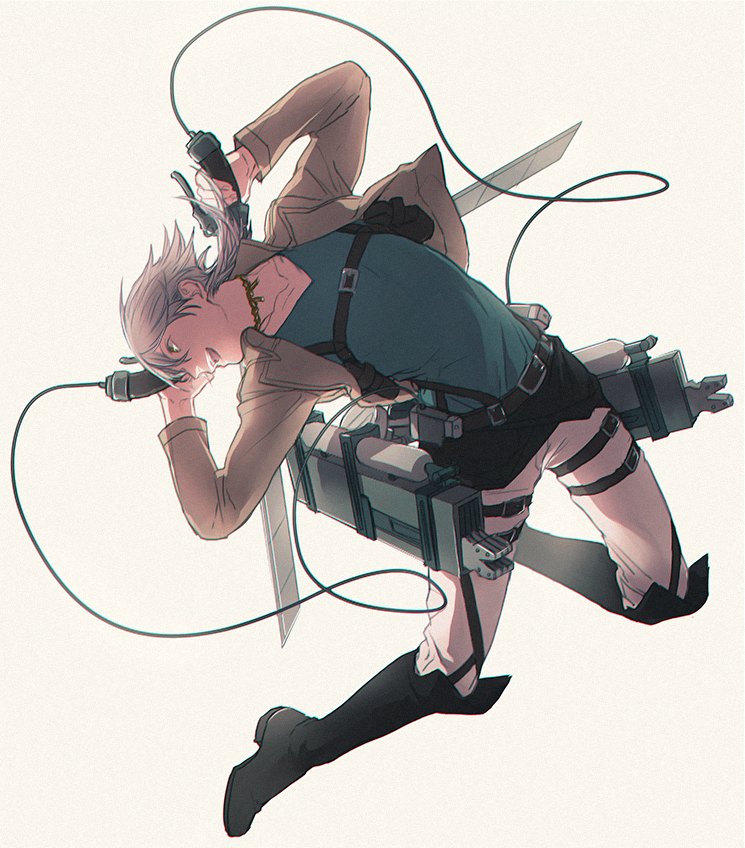 ichino (1no), touken ranbu, character request, commentary request, 1boy, black boots, blue shirt, boots, brown jacket, full body, grey background, grey hair, jacket, knee boots, long sleeves, male focus, open clothes, open jacket, open mouth, pants, shirt, short hair, simple background, smile, solo, white pants