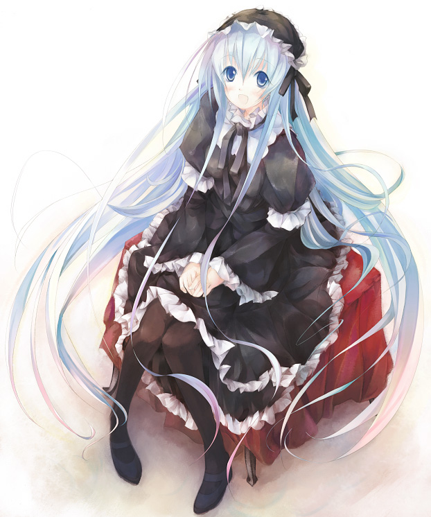 torisoboro (twiddle), twiddle, yudesoba, 1girl, dress, female focus, frills, gothic lolita, hairband, lolita fashion, long hair, pantyhose, ribbon, sitting, solo, very long hair