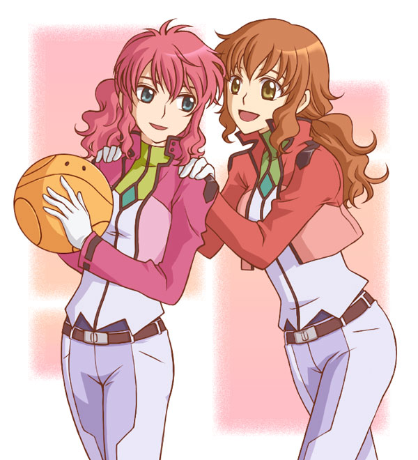 shibaichi, christina sierra, feldt grace, haro, gundam, gundam 00, bad id, bad pixiv id, 00s, 2girls, blue eyes, brown eyes, brown hair, gloves, multiple girls, pink hair, simple background, smile