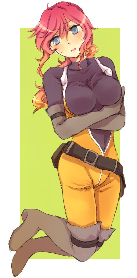 migihiko, feldt grace, gundam, gundam 00, bad id, bad pixiv id, 00s, 1girl, belt, boots, breasts, female focus, grey thighhighs, large breasts, pink hair, simple background, solo, thigh boots, thighhighs, utility belt