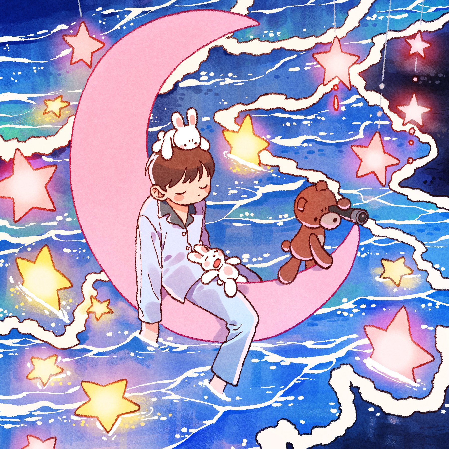 mannerer62, original, commentary request, highres, 1boy, blue pajamas, blush, brown hair, closed eyes, crescent moon, dot nose, from above, long sleeves, moon, no mouth, ocean, pajamas, pants, partially submerged, pink moon, rabbit, shore, short hair, sleeping, solo, spyglass, star (symbol), stuffed animal, stuffed toy, submerged, teddy bear, water