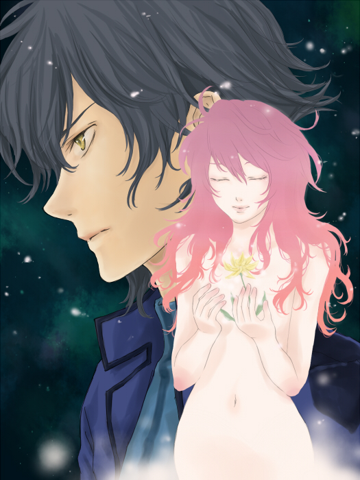 eda44, feldt grace, setsuna f. seiei, gundam, gundam 00, 00s, closed eyes, flower, long hair, nude