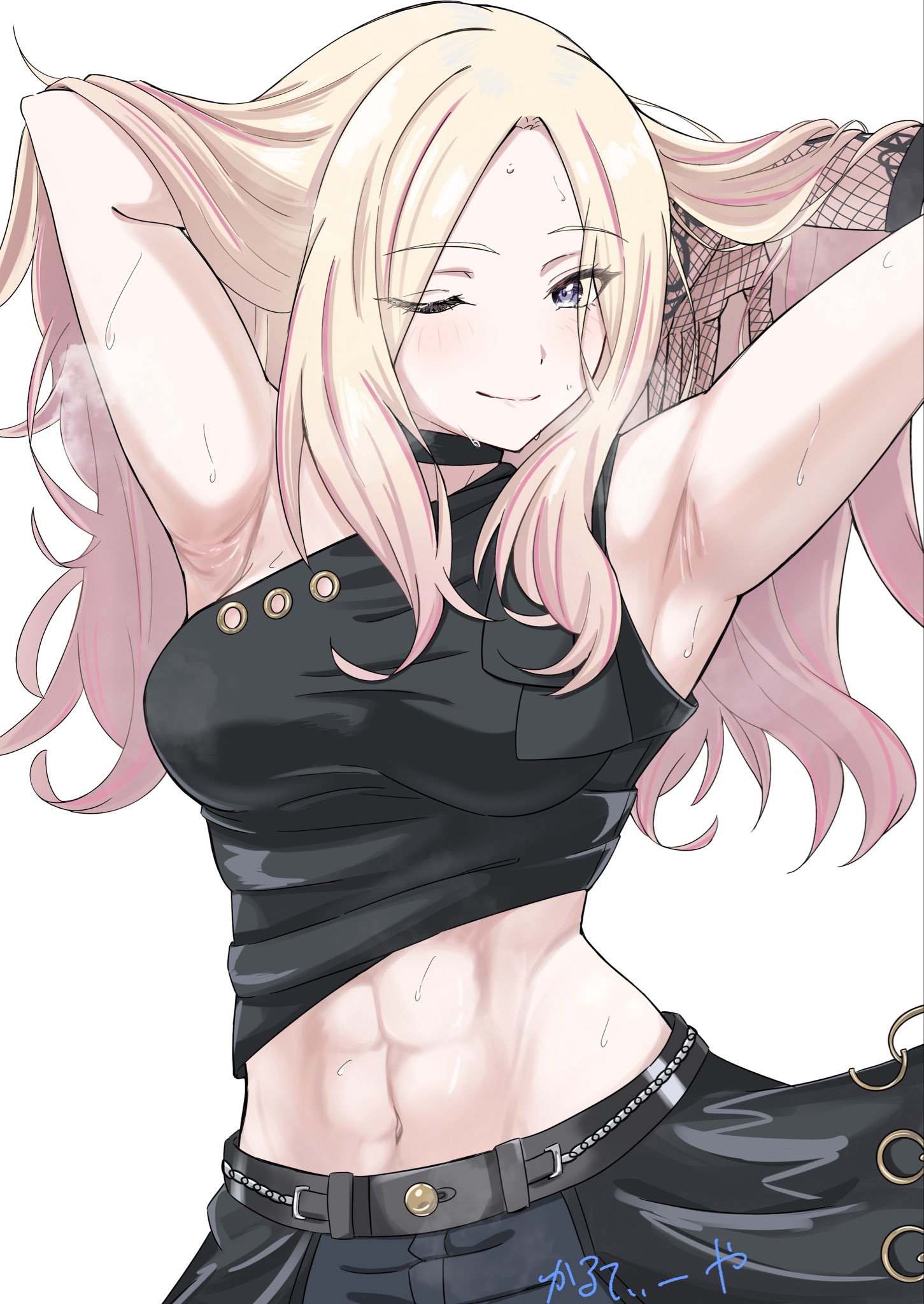 juo sena, gakuen idolmaster, idolmaster, highres, 1girl, abs, armpits, arms behind head, arms up, black shirt, black skirt, blonde hair, flour clavicule, hands in own hair, long hair, looking at viewer, multicolored hair, navel, one eye closed, pink hair, pink streaks, purple eyes, shirt, signature, simple background, skirt, sleeveless, sleeveless shirt, smile, solo, streaked hair, two-tone hair, upper body, white background