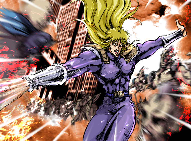 patsuki, shin (hokuto no ken), hokuto no ken, 1boy, battle, blonde hair, bodysuit, building, claw (weapon), long hair, looking at viewer, male focus, outstretched arms, ruins, skin tight, skyscraper, solo, very long hair, weapon