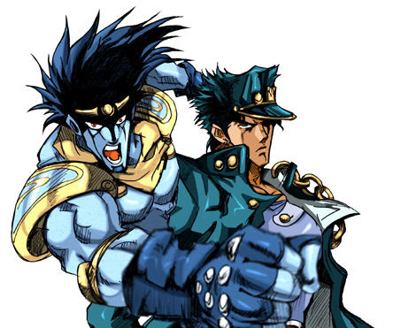 patsuki, kuujou joutarou, star platinum, jojo no kimyou na bouken, lowres, 2boys, black hair, hat, male focus, multiple boys, stand (jojo)