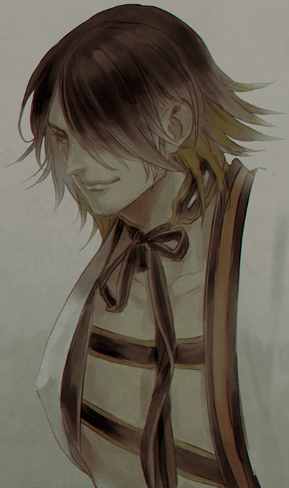 ichino (1no), touken ranbu, character request, commentary request, 1boy, black hair, black ribbon, closed mouth, collarbone, grey background, hair over one eye, light smile, male focus, neck ribbon, ribbon, short hair, solo, upper body