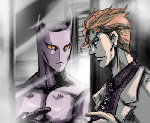 patsuki, killer queen, kira yoshikage, jojo no kimyou na bouken, lowres, 1boy, black eyes, brown hair, collarbone, collared shirt, colored sclera, indoors, looking at mirror, male focus, mirror, necktie, purple necktie, purple shirt, red eyes, reflection, shirt, sketch, smile, stand (jojo), upper body, wing collar, yellow sclera
