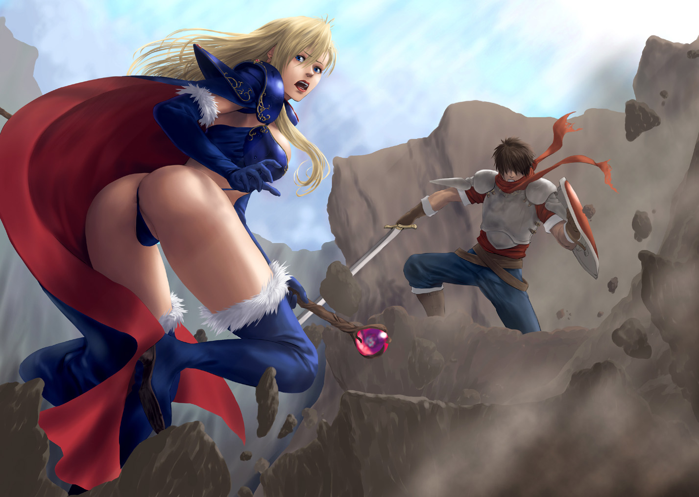 ryu (gaquarium), ares (brandish), ares toraernos, dela delon, brandish, brandish (video game), eiyuu densetsu, falcom, blue footwear, fur-trimmed footwear, 1boy, 1girl, ass, blonde hair, blue eyes, blue gloves, boots, breasts, cape, elbow gloves, faceless, faceless male, fur-trimmed boots, fur-trimmed elbow gloves, fur-trimmed gloves, fur trim, gloves, large breasts, lipstick, long hair, long sword, looking back, makeup, medium breasts, open mouth, outdoors, partially visible anus, partially visible vulva, pussy bulge, revealing clothes, shield, staff, sword, thong, weapon