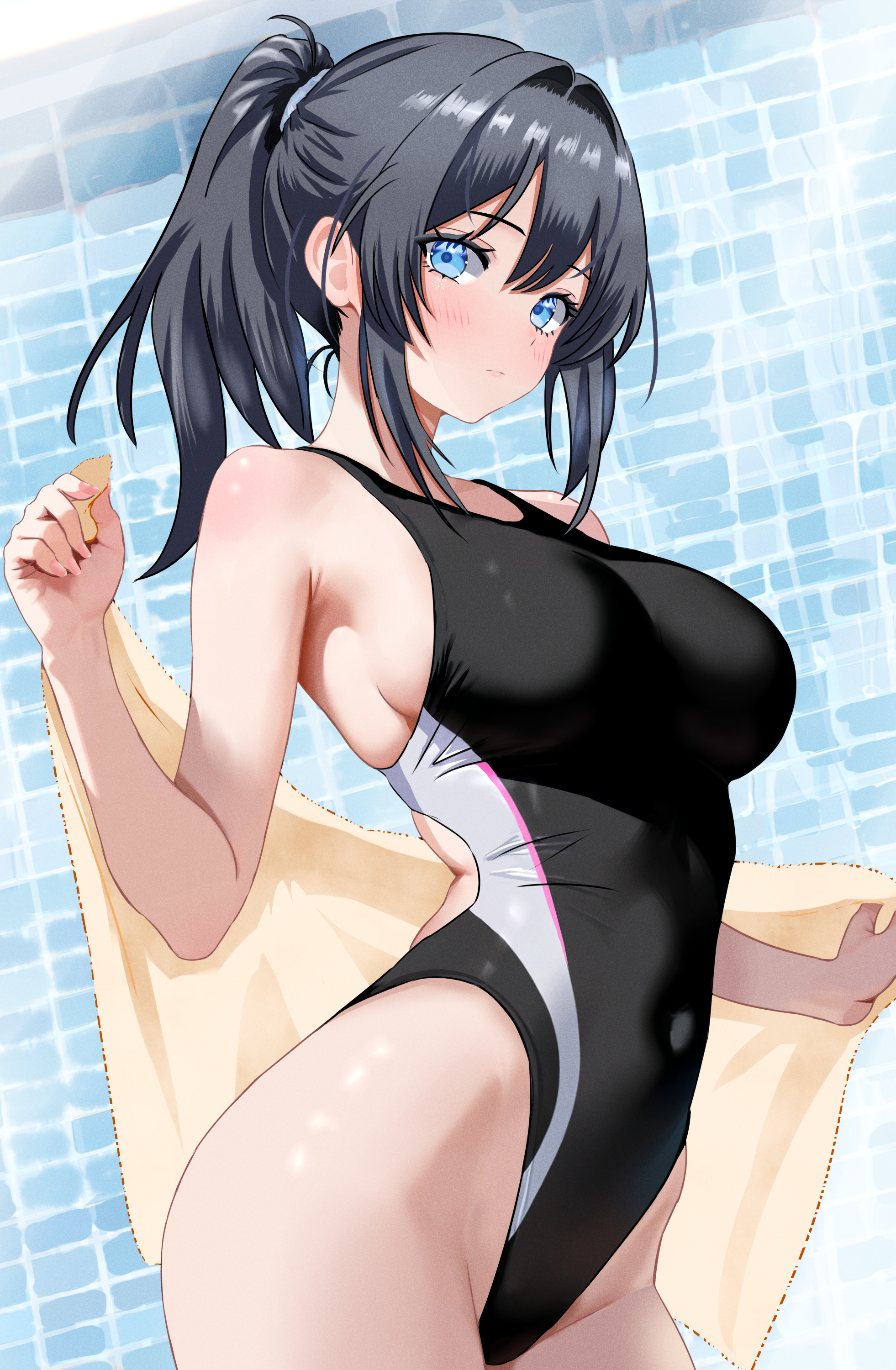 kyoichi, original, absurdres, bilingual commentary, commentary, commentary request, commission, english commentary, highres, mixed-language commentary, skeb commission, 1girl, :/, bare arms, bare shoulders, black hair, black one-piece swimsuit, blue eyes, breasts, closed mouth, competition swimsuit, covered navel, cowboy shot, fingernails, from side, hair between eyes, hair ornament, hair scrunchie, highleg, highleg one-piece swimsuit, holding, holding towel, large breasts, light blush, looking at viewer, one-piece swimsuit, ponytail, scrunchie, solo, standing, swimsuit, towel, white scrunchie