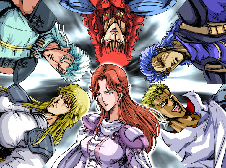 patsuki, juda, rei (hokuto no ken), shin (hokuto no ken), shu (hokuto no ken), souther, yuda (hokuto no ken), yuria (hokuto no ken), hokuto no ken, 1girl, 5boys, armor, blonde hair, blue hair, cape, closed eyes, expressionless, facial mark, forehead mark, green hair, grin, lipstick, long hair, looking at viewer, makeup, multiple boys, red hair, scar, shew, short hair, smile, tan, upper body, upside-down, very long hair