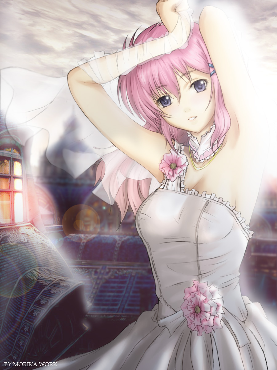 sky of morika, feldt grace, gundam, gundam 00, bad id, bad pixiv id, highres, 00s, 1girl, armpits, arms up, bride, dress, female focus, pink hair, purple eyes, smile, solo, wedding dress