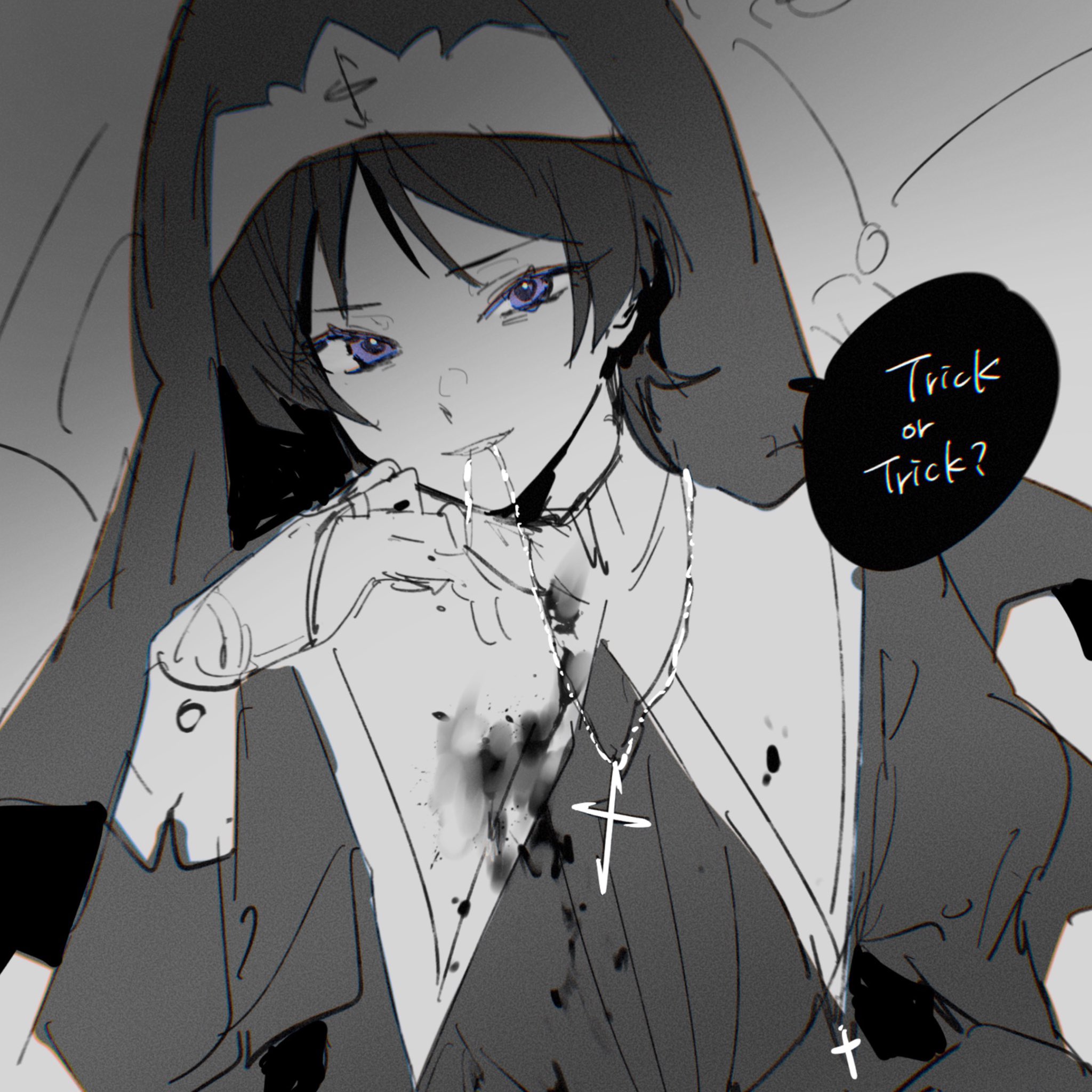 w02 14, scaramouche (genshin impact), genshin impact, highres, 1boy, blood, blood on clothes, blunt ends, clenched teeth, cross, cross necklace, crossdressing, crossdressing (mtf), english text, greyscale, grin, guimpe, hand up, jewelry, long sleeves, looking at viewer, male focus, monochrome, necklace, nun, purple eyes, smile, solo, speech bubble, spot color, teeth, trick or treat, tsurime, upper body, veil, wimple, wispy bangs