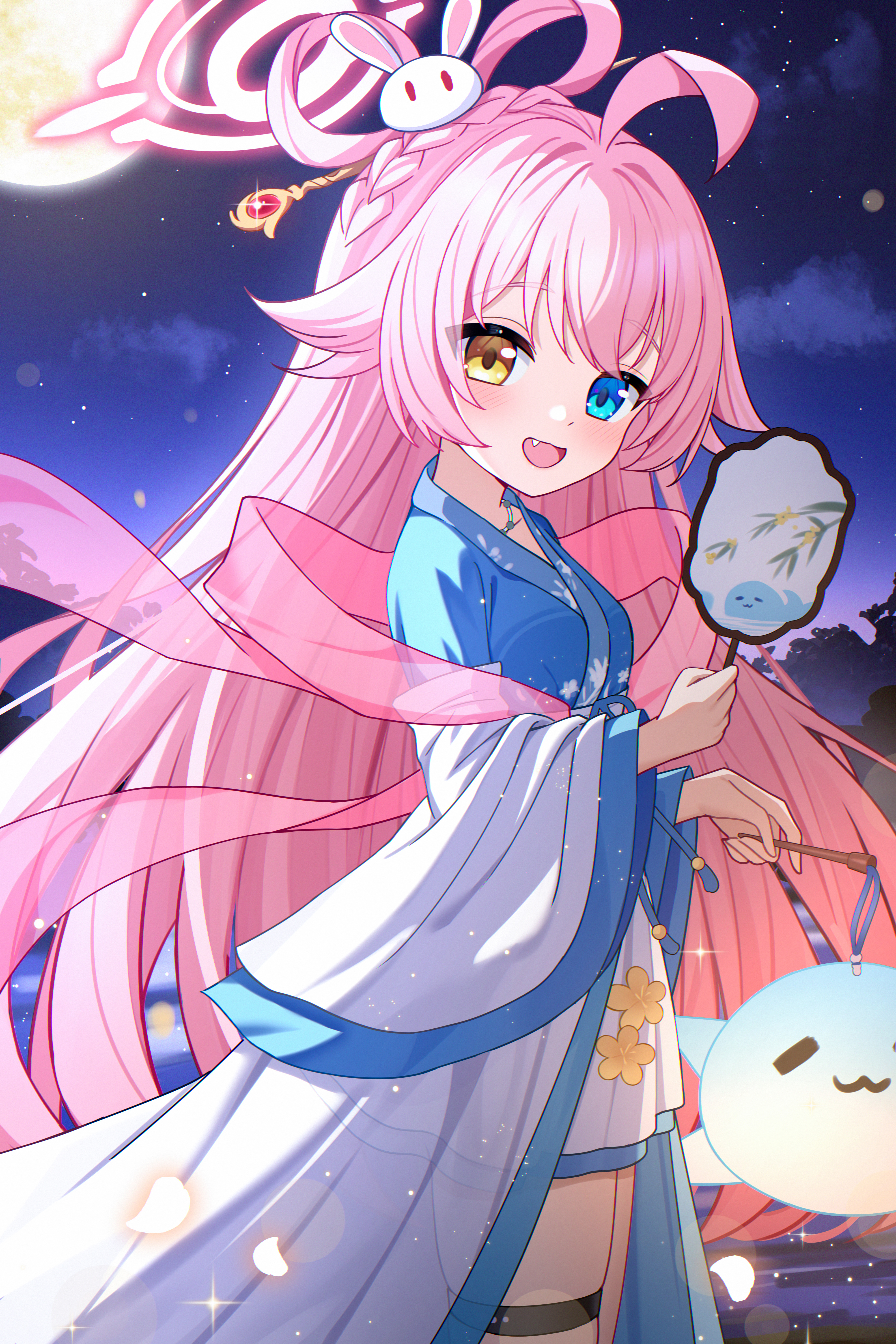 daoyan, hoshino (blue archive), blue archive, absurdres, chinese commentary, commentary, highres, making-of available, 1girl, :d, ahoge, alternate costume, alternate hairstyle, animal print, backlighting, blue eyes, braid, chinese clothes, cowboy shot, crown braid, dual wielding, fang, fish print, flipped hair, full moon, hair between eyes, hair intakes, hair ornament, hair rings, halo, hand fan, hands up, heterochromia, holding, holding fan, holding lantern, hoshino (mid-autumn festival) (blue archive), huge ahoge, lantern, long hair, long sleeves, looking at viewer, mid-autumn festival, moon, night, night sky, open mouth, outdoors, pink hair, pink halo, pink shawl, print fan, rabbit hair ornament, shawl, sidelocks, sky, smile, solo, sparkle, straight hair, thigh strap, very long hair, whale print, wide sleeves, yellow eyes