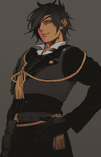 ichino (1no), touken ranbu, character request, commentary request, 1boy, black gloves, black hair, black jacket, closed mouth, cowboy shot, gloves, grey background, hair over one eye, hand on own hip, jacket, long sleeves, male focus, short hair, simple background, solo