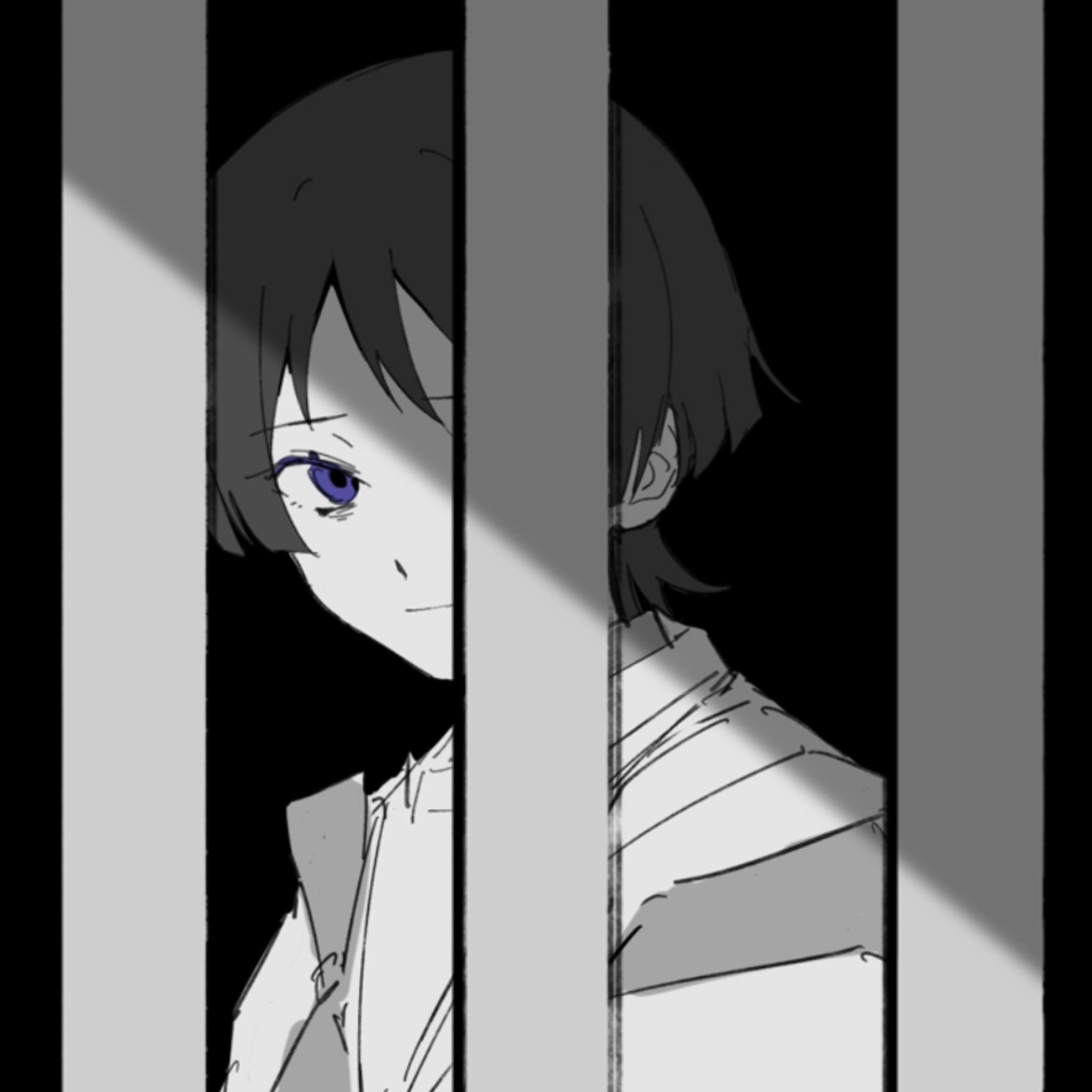 w02 14, scaramouche (genshin impact), scaramouche (kabukimono) (genshin impact), genshin impact, highres, 1boy, black background, blunt ends, closed mouth, clothing cutout, colored eyelashes, greyscale, iron bars, japanese clothes, kariginu, layered sleeves, light smile, looking at viewer, male focus, monochrome, portrait, purple eyes, shoulder cutout, solo, spot color, tasuki, wispy bangs