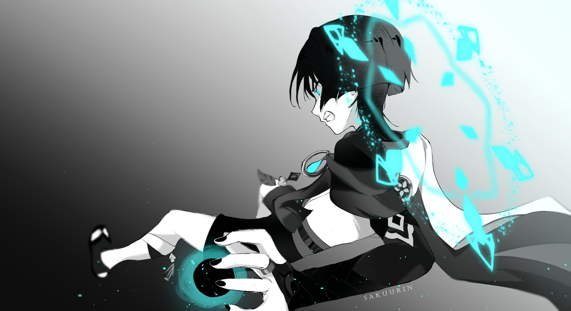 sakuurin, scaramouche (genshin impact), wanderer (genshin impact), genshin impact, highres, 1boy, aqua eyes, aqua gemstone, aqua halo, arm at side, armor, artist name, blunt ends, bridal gauntlets, cape, clenched teeth, feathers, fingernails, from behind, furisode, gem, glowing, glowing eyes, greyscale, halo, japanese armor, japanese clothes, kimono, kote, leg warmers, looking down, male focus, monochrome, monochrome background, open hand, pom pom (clothes), sandals, sash, short hair, short sleeves, sideways mouth, solo, spot color, tassel, teeth, vision (genshin impact), vortex, zouri