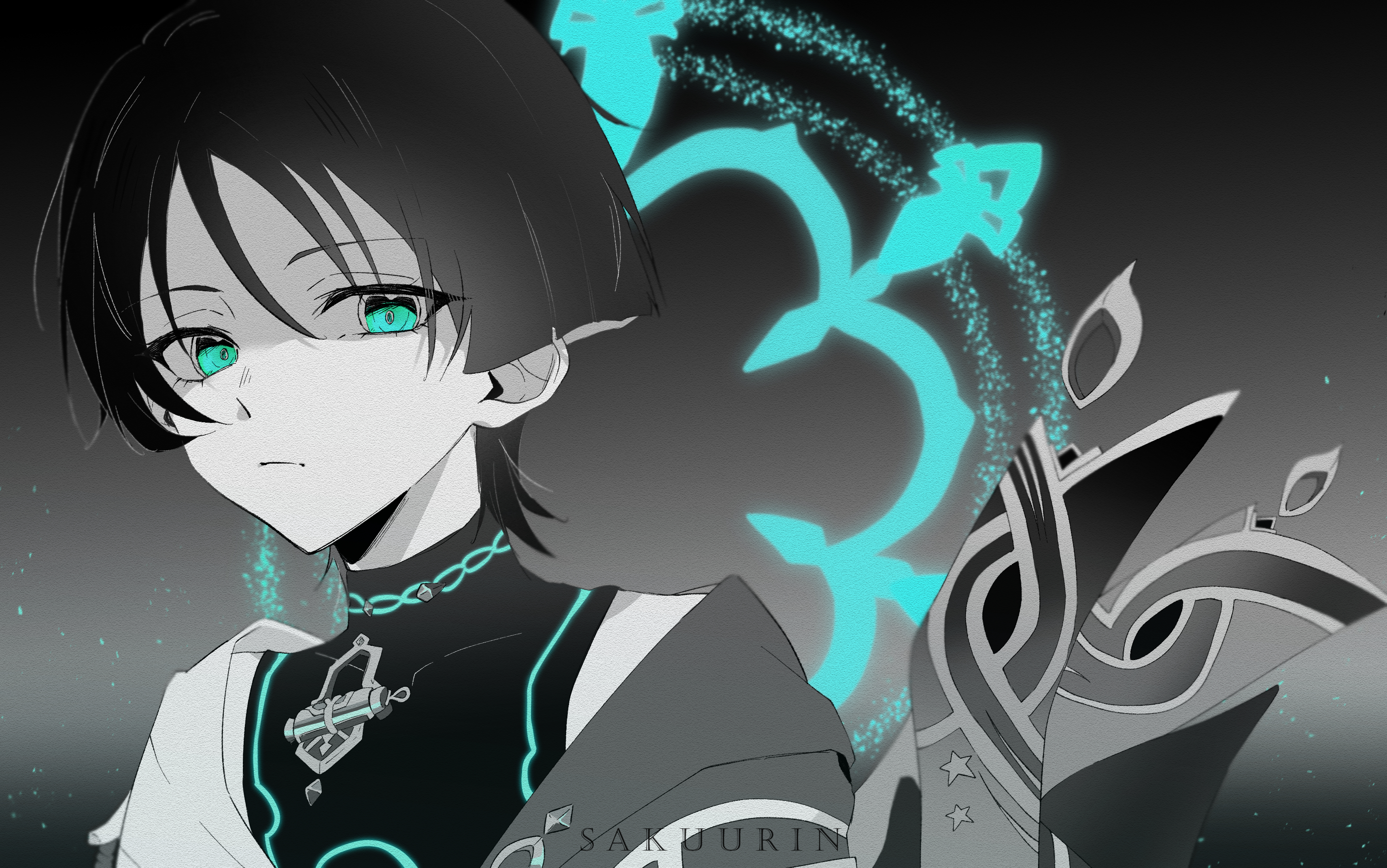 sakuurin, scaramouche (genshin impact), wanderer (genshin impact), genshin impact, absurdres, highres, 1boy, aqua eyes, aqua halo, artist name, blunt ends, bodysuit, cape, closed mouth, expressionless, eyelashes, furisode, glowing markings, greyscale, halo, halo behind head, japanese clothes, kimono, looking at viewer, male focus, monochrome, monochrome background, portrait, shaded face, shoulder peek, solo, spot color, star (symbol), star print, turtleneck, turtleneck bodysuit, wispy bangs