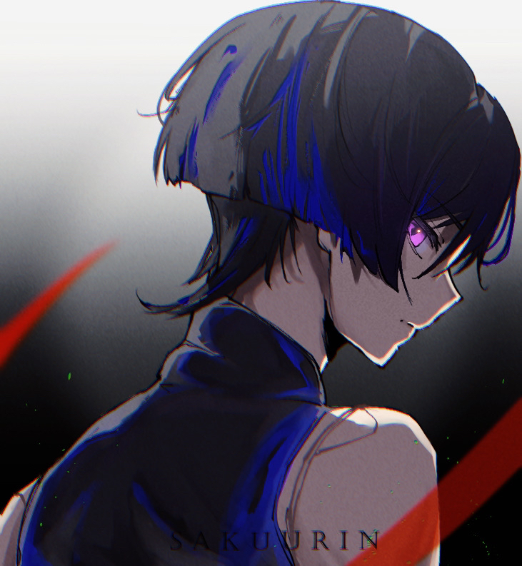 sakuurin, scaramouche (genshin impact), genshin impact, clip studio paint (medium), 1boy, artist name, black bodysuit, black hair, blue hair, blunt ends, bodysuit, closed mouth, doll joints, expressionless, from behind, glowing, glowing eyes, joints, looking at viewer, looking back, male focus, multicolored hair, pink eyes, solo, streaked hair, turtleneck, turtleneck bodysuit