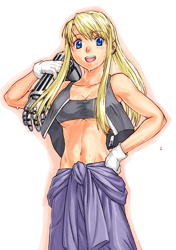 lithiumia, winry rockbell, fullmetal alchemist, 00s, 1girl, bandeau, blonde hair, blue eyes, breasts, cleavage, clothes around waist, earrings, female focus, gloves, hand on own hip, jewelry, mechanic, midriff, muscular, open mouth, ponytail, solo, strapless, sweat, tomboy, tube top, underboob, vest, white gloves