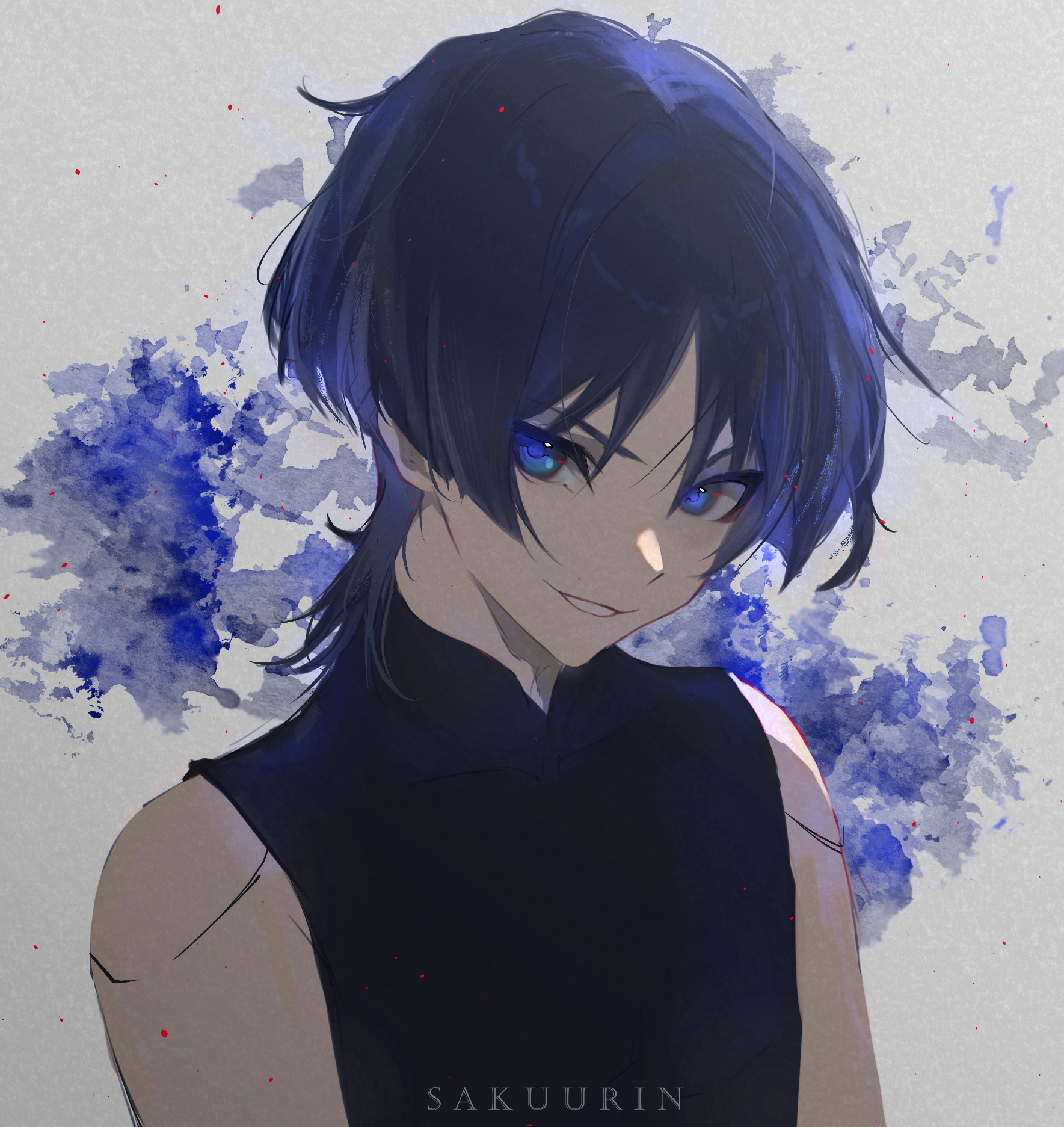 sakuurin, scaramouche (genshin impact), genshin impact, highres, 1boy, arms at sides, artist name, black bodysuit, black hair, blue eyes, bodysuit, cinders, covered collarbone, doll joints, eyeliner, eyeshadow, joints, looking at viewer, makeup, male focus, mandarin collar, open mouth, portrait, purple hair, red eyeliner, red eyeshadow, smirk, solo, splatter background, tsurime, white mouth, wispy bangs