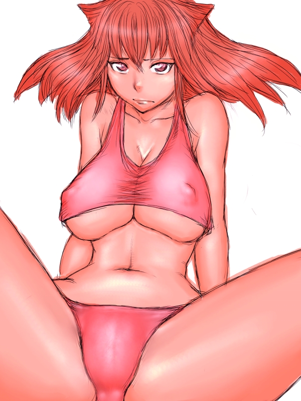 fumio (rsqkr), original, character request, bare shoulders, bikini, breasts, huge breasts, long hair, navel, pink bikini, red eyes, solo, spread legs, swimsuit, underboob