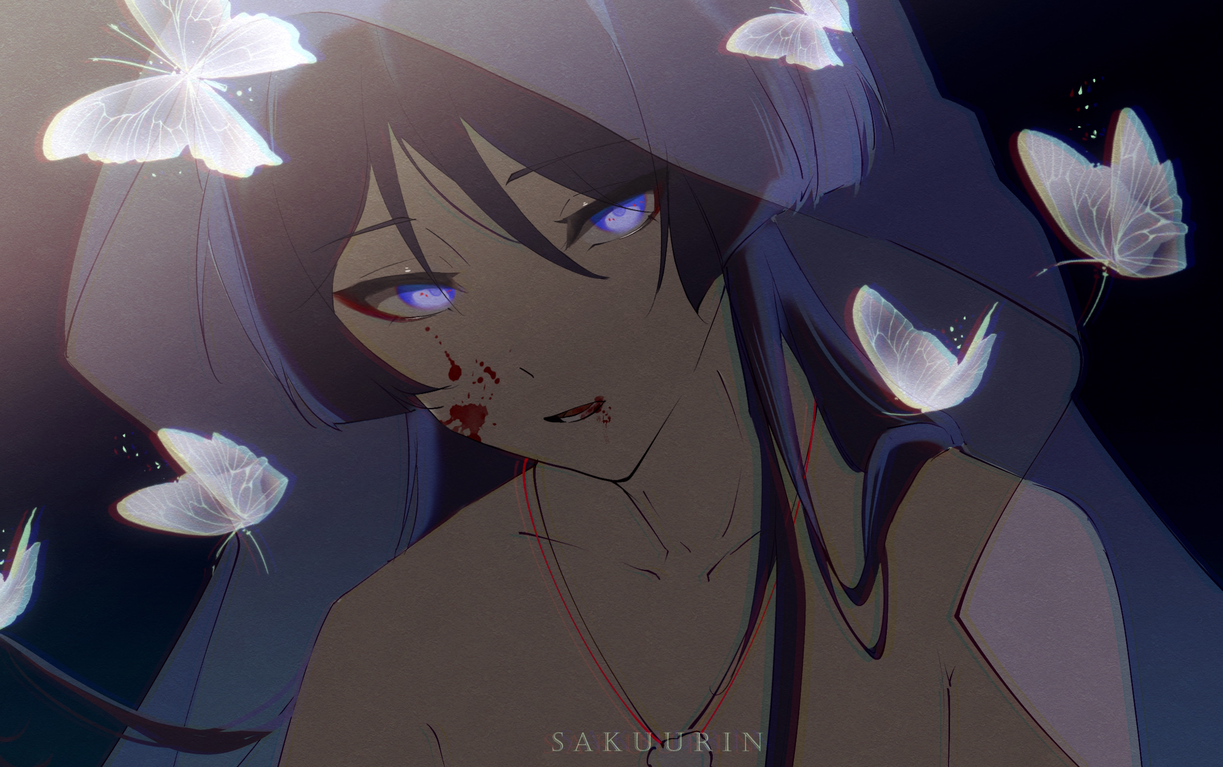 sakuurin, scaramouche (genshin impact), scaramouche (kabukimono) (genshin impact), genshin impact, highres, 1boy, alternate hair length, alternate hairstyle, artist name, bare shoulders, black background, black hair, blood, blood in mouth, blood on face, blunt ends, bug, butterfly, collarbone, eyelashes, eyeliner, eyeshadow, half-closed eyes, insect, long hair, looking at viewer, lower teeth only, makeup, male focus, open mouth, purple eyes, red eyeliner, red eyeshadow, solo, string, teeth, topless male, transparent butterfly, white butterfly, wispy bangs