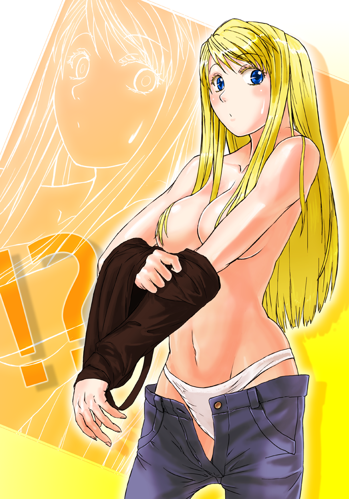 lithiumia, winry rockbell, fullmetal alchemist, 00s, 1girl, blonde hair, blue eyes, blush, breasts, camisole, censored, cleavage, clothes lift, clothes pull, convenient censoring, denim, female focus, hair censor, hair over breasts, jeans, large breasts, long hair, navel, no bra, panties, pants, pants pull, shirt lift, solo, standing, sweatdrop, underwear, undressing, unzipped, white panties, zoom layer