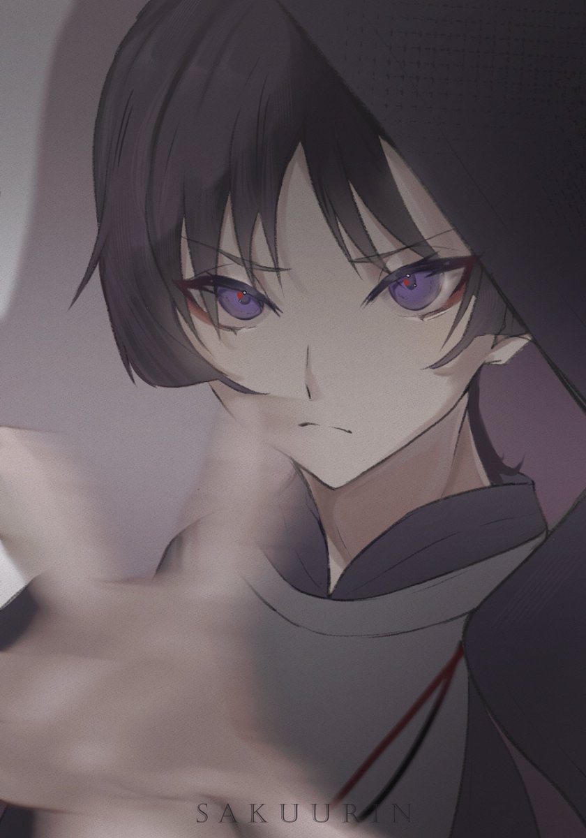 sakuurin, scaramouche (genshin impact), scaramouche (kabukimono) (genshin impact), genshin impact, highres, 1boy, artist name, blunt ends, closed mouth, eyeliner, eyeshadow, grey kimono, japanese clothes, kariginu, kimono, looking at viewer, makeup, male focus, motion blur, open hand, portrait, purple eyes, purple veil, red eyeliner, red eyeshadow, red pupils, solo, split mouth, string, tsurime, veil, wispy bangs